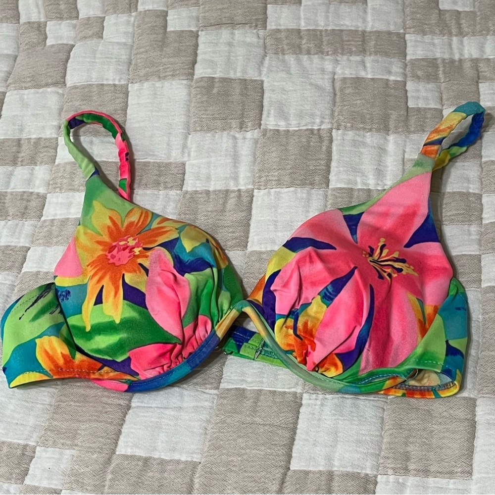 Vintage Kathy Ireland Neon 90s Floral Padded Triangle Bikini Top